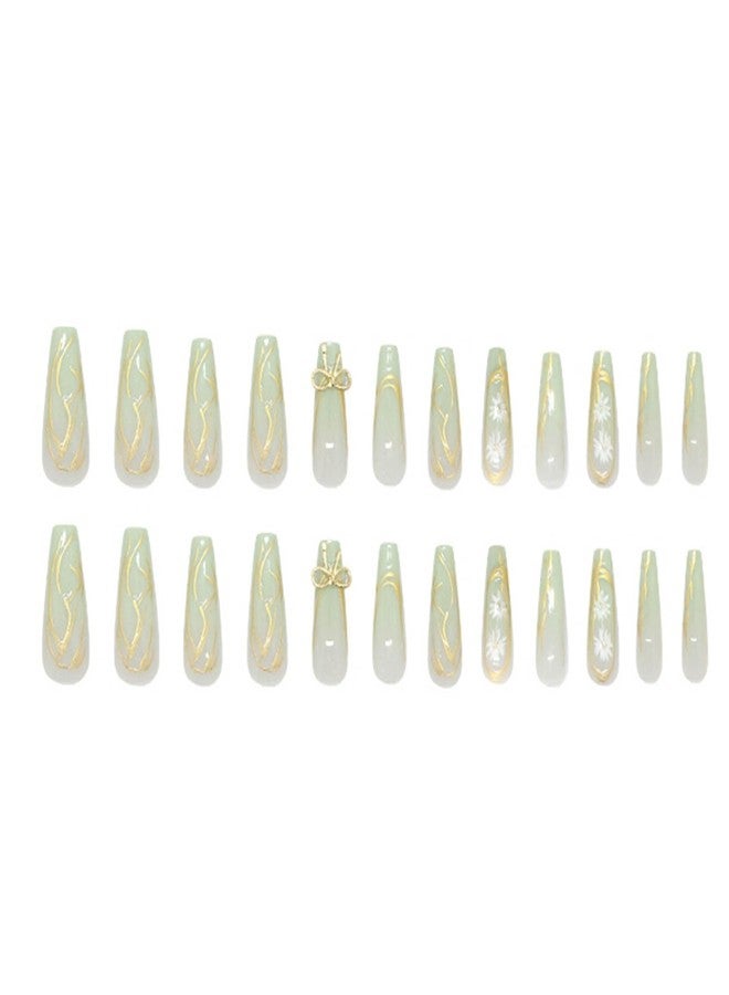 YoYoee 24-Piece Long Coffin Press on Nails - Daisy Bow Tie False Nails | Light Green Gradient Fake Nails for Women Elegant & Durable Artificial Nails for Instant Manicure - Image 4